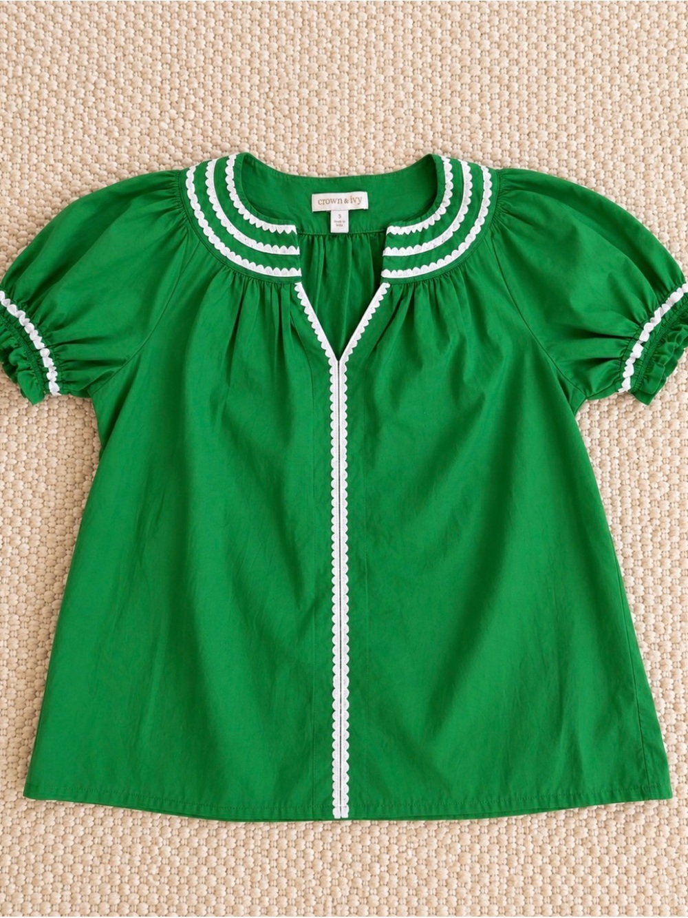 Crown & Ivy Kelly Green White Trim 100% Cotton Blouse Size S